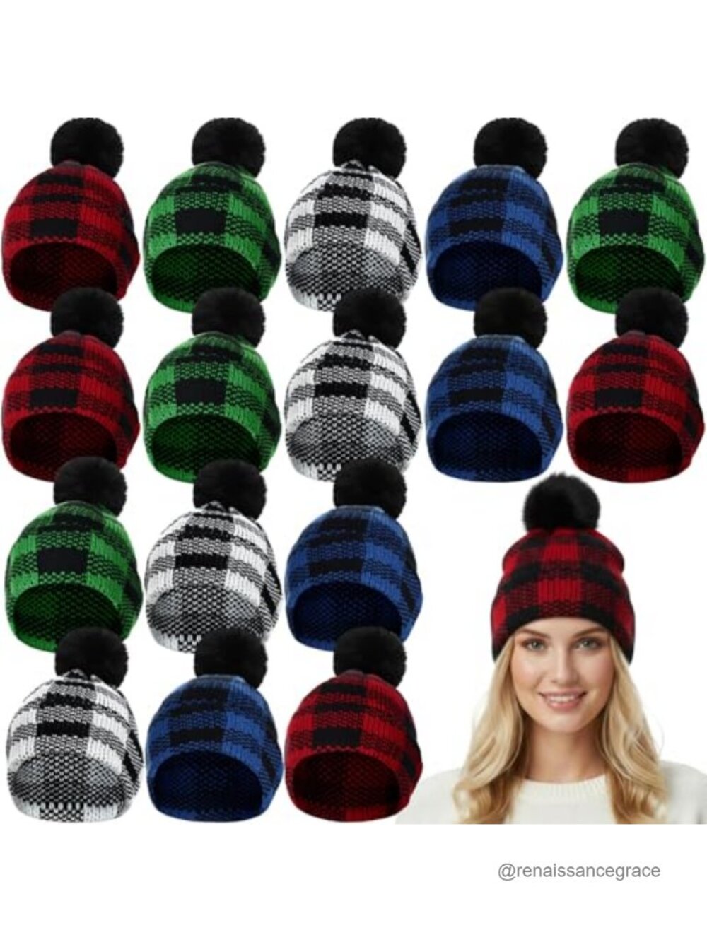 Buffalo Plaid Cuff Beanie Hat Winter Warm Soft Stretch Pom Pom Thick Knit Cap